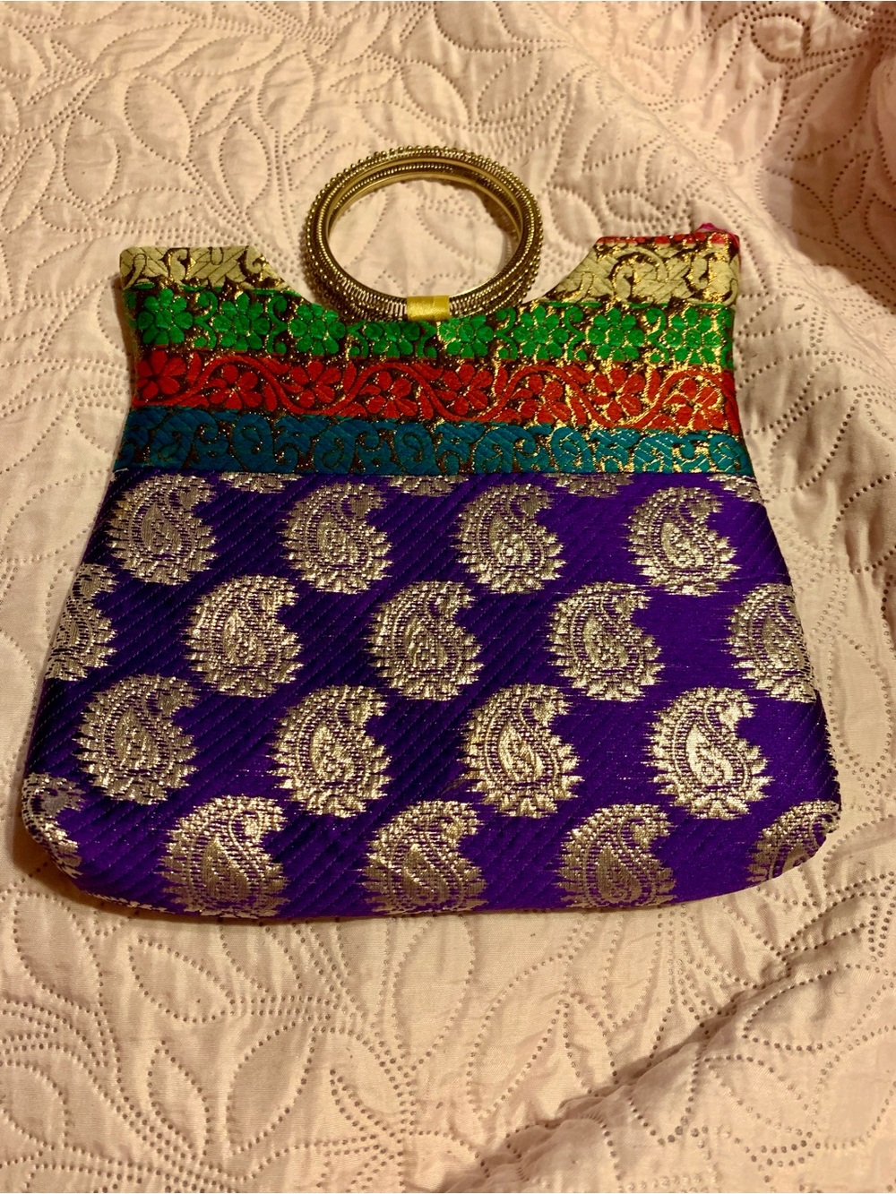 Vintage brocade clutch Indian Sari bag with metal ring bangle handles